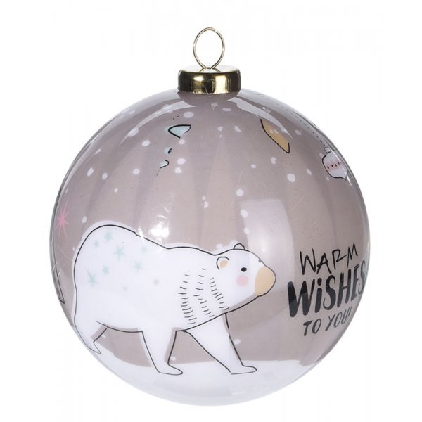 Χριστουγεννιάτικη Μπάλα Γκρι, με Αρκούδα και Ευχές (10cm)